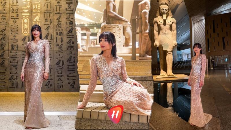 مهيرة عبد العزيز تتألق بثوب طوني ورد في حضرة ملوك الفراعنة