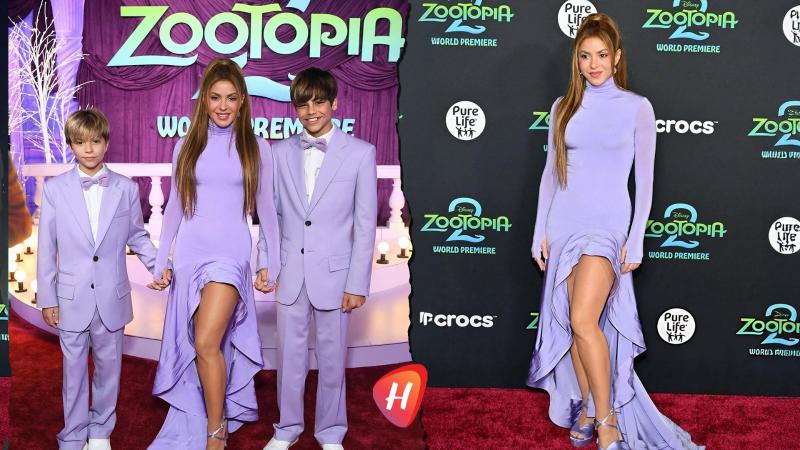 شاكيرا تتألق بالبنفسجي برفقة ابنيها في العرض الأول لفيلم 