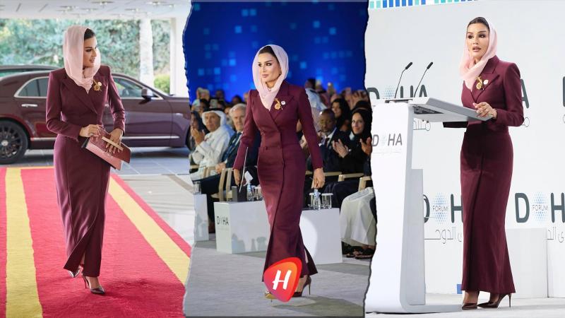 البرغندي الملكي… إطلالة الشيخة موزا تجمع الفخامة والنعومة