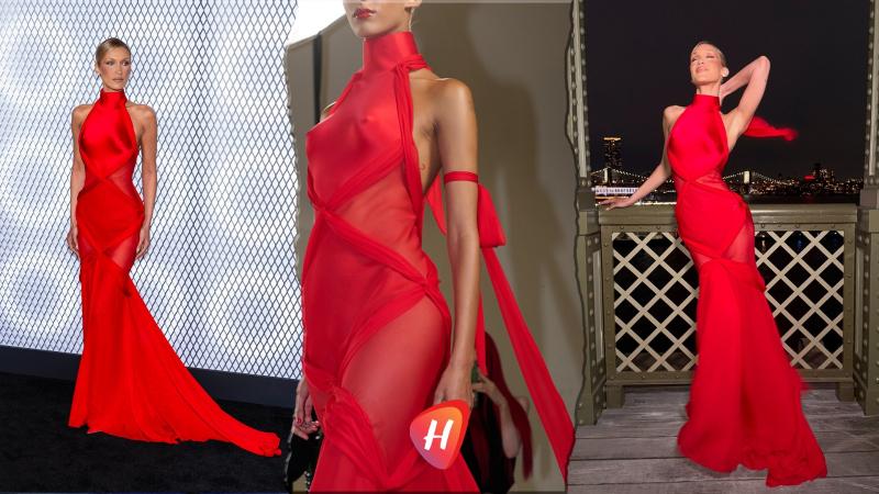 بيلا حديد تشتعل بالساتان الأحمر… جاذبية لا تقاوم على طريقة Schiaparelli