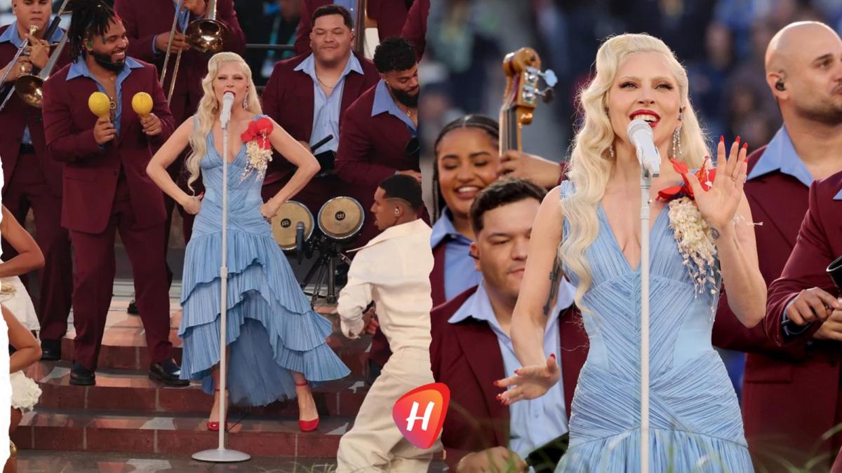 ليدي غاغا تخطف الأضواء  بفستان أزرق أيقوني في ظهورها المفاجئ بسوبر بول 2026