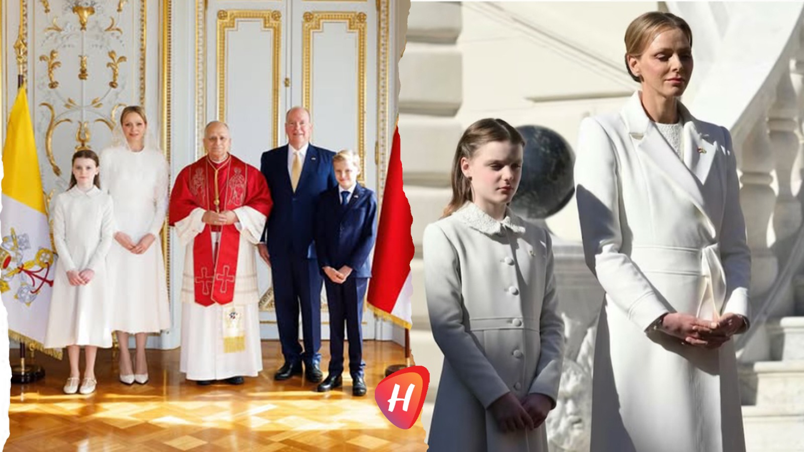 الأميرة شارلين وابنتها بالأبيض الكامل من إيلي صعب خلال زيارة البابا إلى موناكو