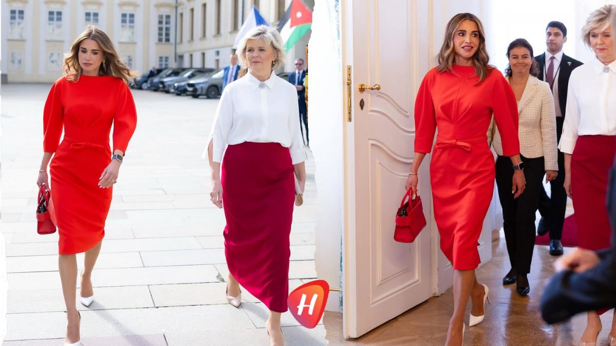 الملكة رانيا بالأحمر من كارولينا هيريرا في براغ.. أناقة ملكية عصرية